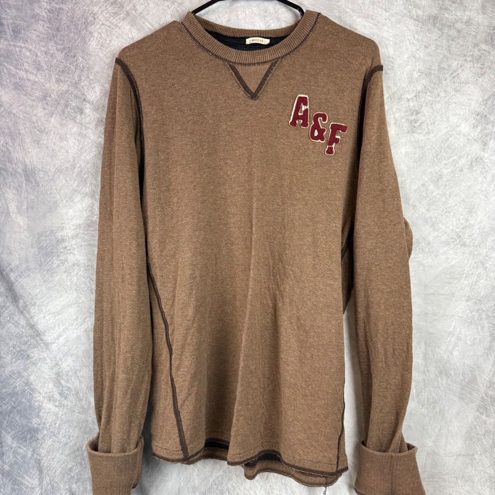 Abercrombie Fitch Y2K Men XL Brown Muscle Fit Long Sleeve Shirt Distressed Logo